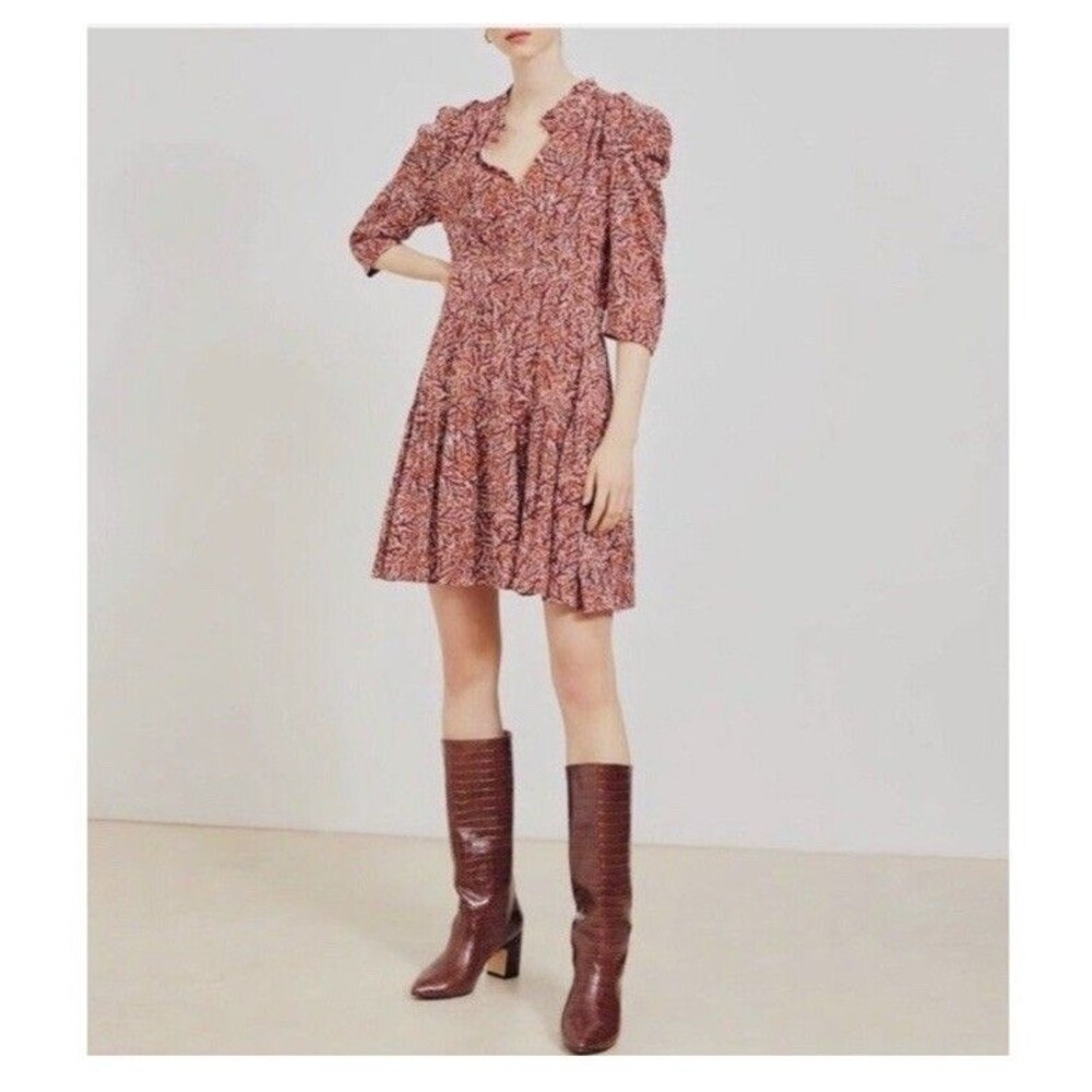 SUNCOO Paris Cesaria Dress Rust Floral Tiered Ruffle Mini Size T1 S